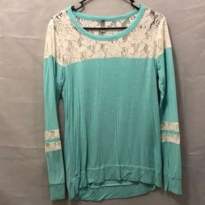 Teal soft long sleeve with white lace